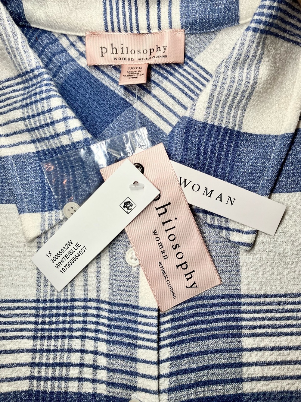 Philosophy Plaid Long Sleeve in Blue/Creamy White Women’s 1X - Picture 4 of 8
